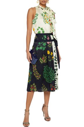 Oscar De La Renta Floral-print Silk-jacquard Midi Wrap Skirt In Midnight Blue