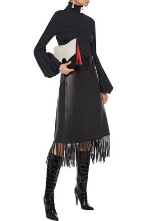 Valentino Fringe-trimmed Leather Midi Wrap Skirt In Black