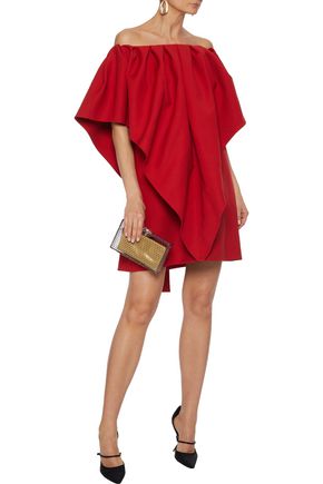 Valentino Off-the-shoulder Draped Grain De Poudre Wool Mini Dress In Crimson