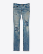 SAINT LAURENT Skinny fit U Original eng geschnittene Hüftjeans aus blauem Denim im 50er-Look mit schmutziger Optik und Flicken f