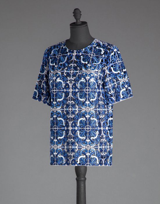 Blue majolica print macramé lace blouse | dolce&gabbana online store