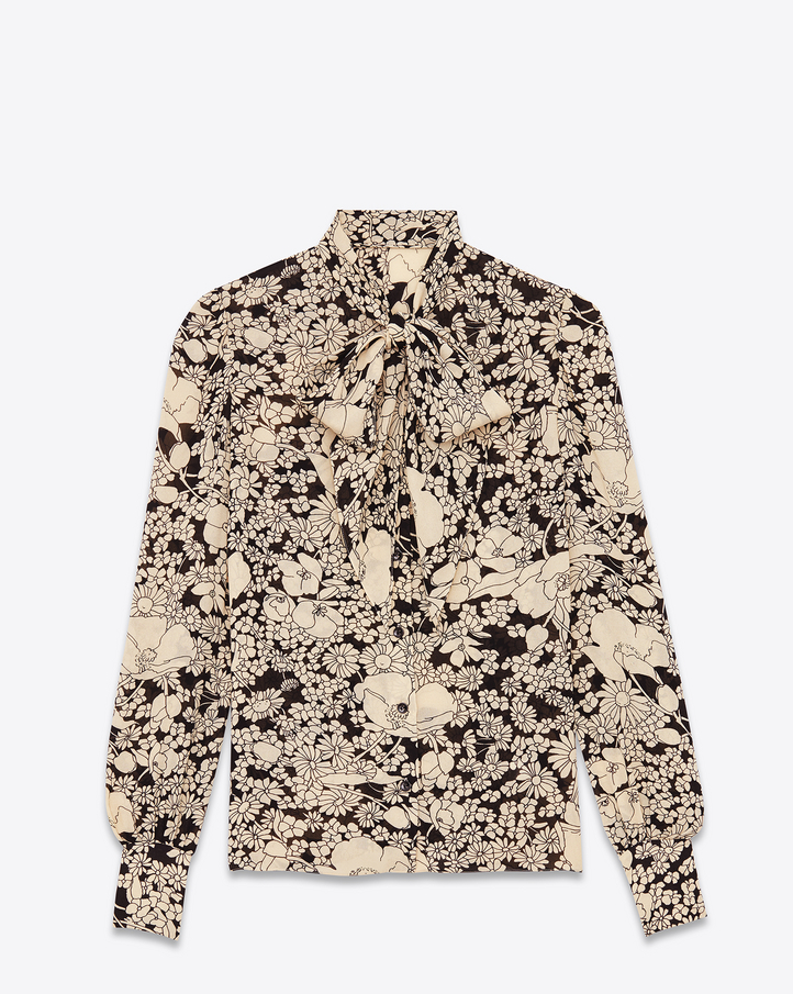Saint Laurent Lavaliere Blouse In Black And Ivory 70s Flower Printed ...
