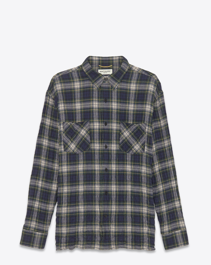 Saint Laurent GRUNGE Patch Pocket Shirt In Navy And Green Plaid Cotton ...