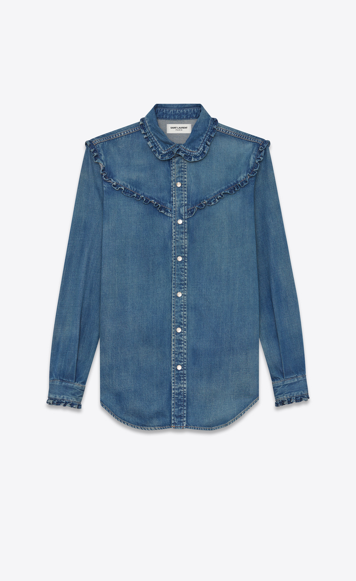 ‎Saint Laurent ‎Classic Ruffled Western Shirt In Medium Blue Denim ...