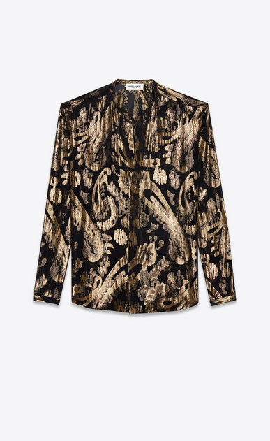 SAINT LAURENT Casual Shirts Man Tunisian collar shirt in black silk with gold lamé flowers a_V4