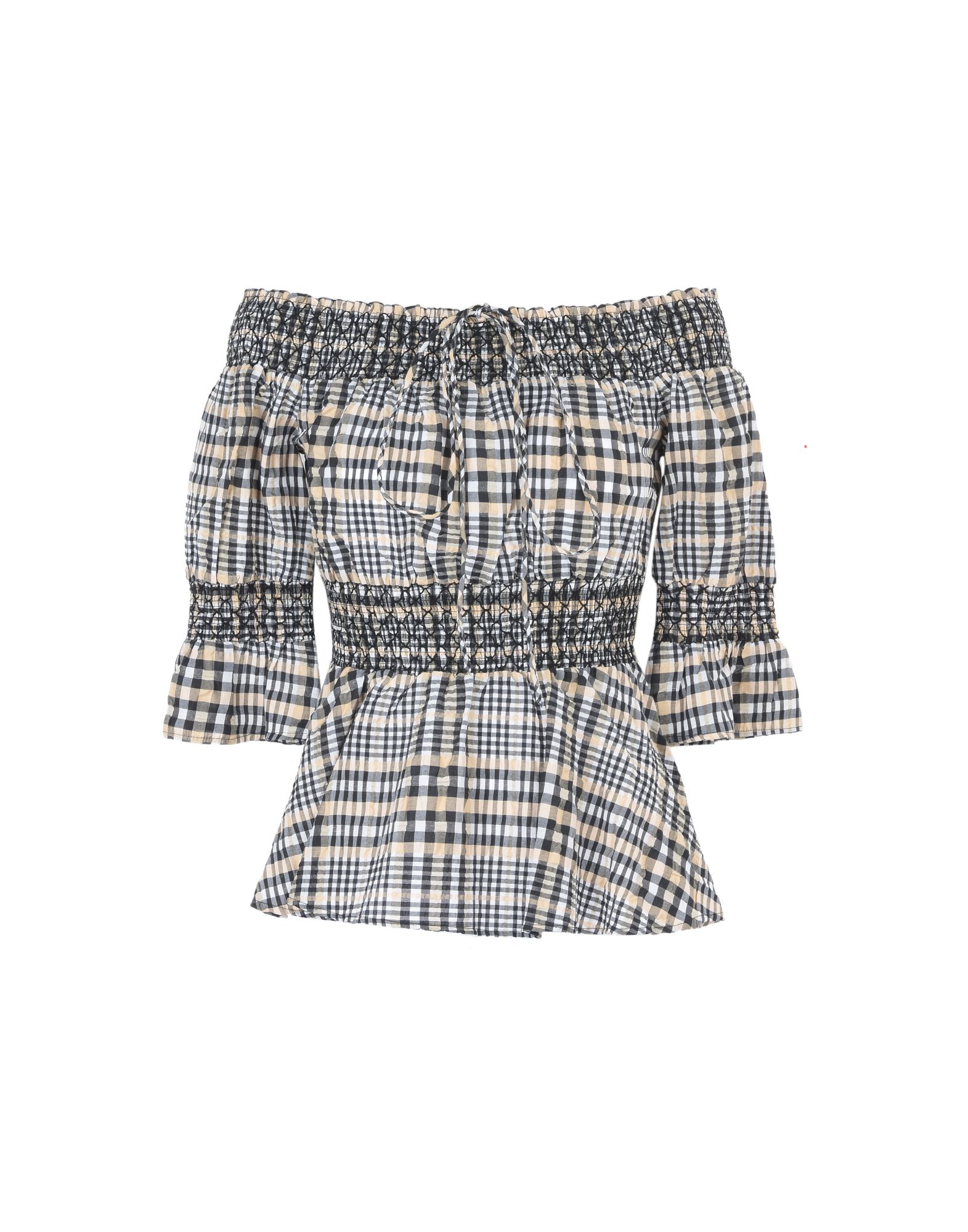 Ganni Off-shoulder Checkered Top In Multicolor Cotton In Beige