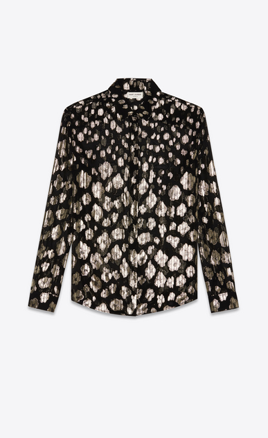SAINT LAURENT Klassische Hemden Damen Klassische Hemdbluse aus schwarz-gold-silberner Lamé-Seide mit Blumenprint a_V4