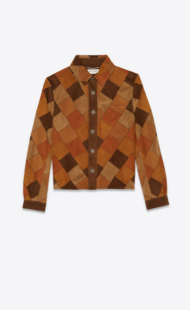 SAINT LAURENT Leather Shirts Woman Patchwork shirt jacket in bourbon and coffee suede a_V4