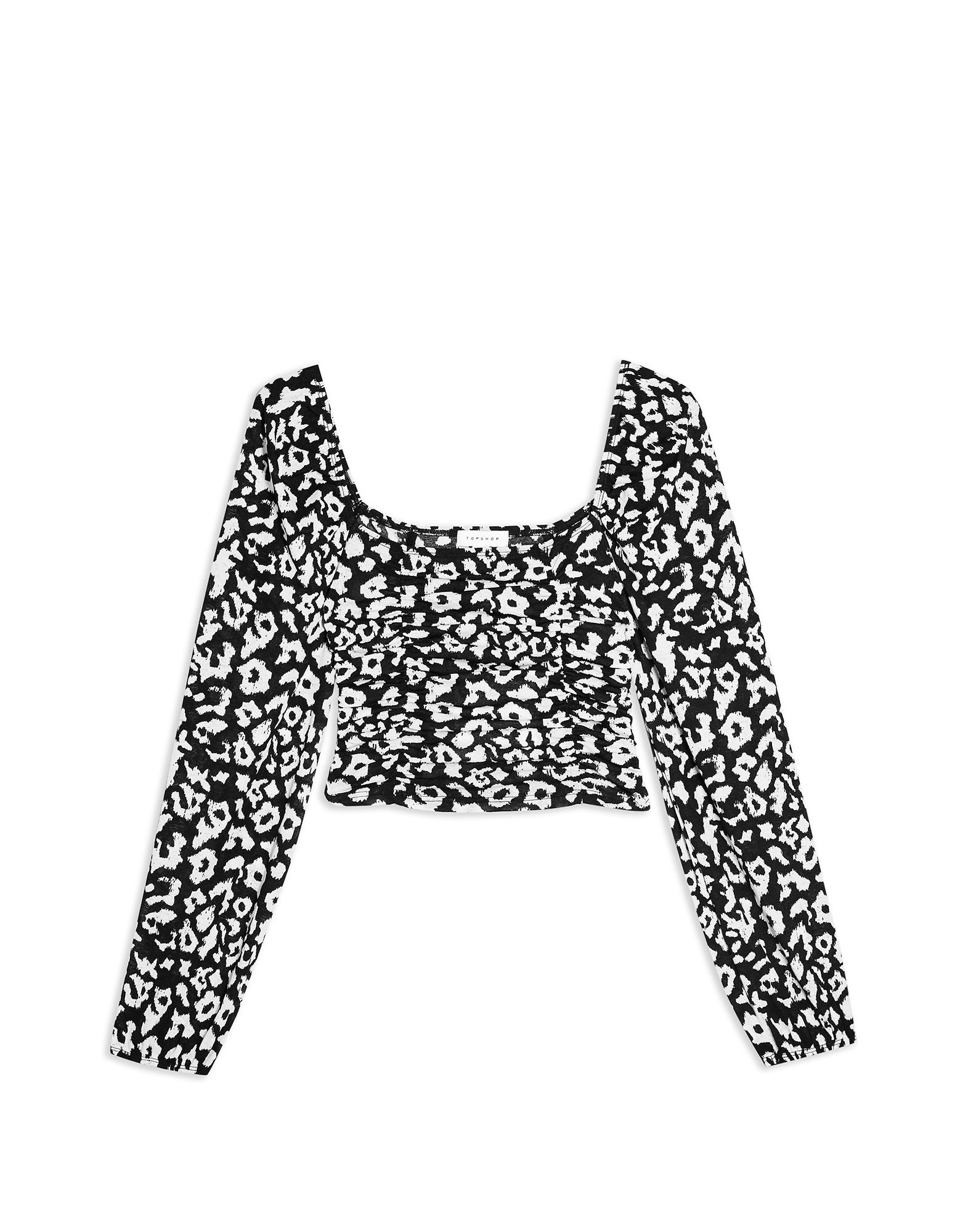 ＜YOOX＞ ★66%OFF！TOPSHOP レディース T シャツ ブラック 16 ポリエステル 100% BLACK AND WHITE PRINT RUCHED LONG SLEEVE TOP画像
