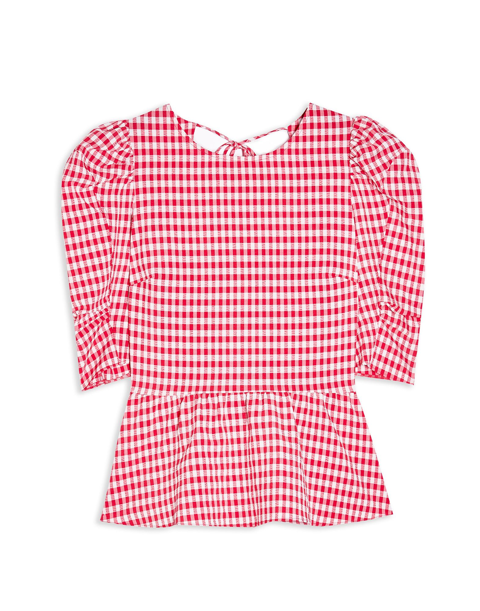 ＜YOOX＞ ★64%OFF！TOPSHOP レディース ブラウス レッド 10 ポリエステル 98% / ポリウレタン 2% RED GINGHAM LACE UP PUFF SLEEVE BLOUSE画像