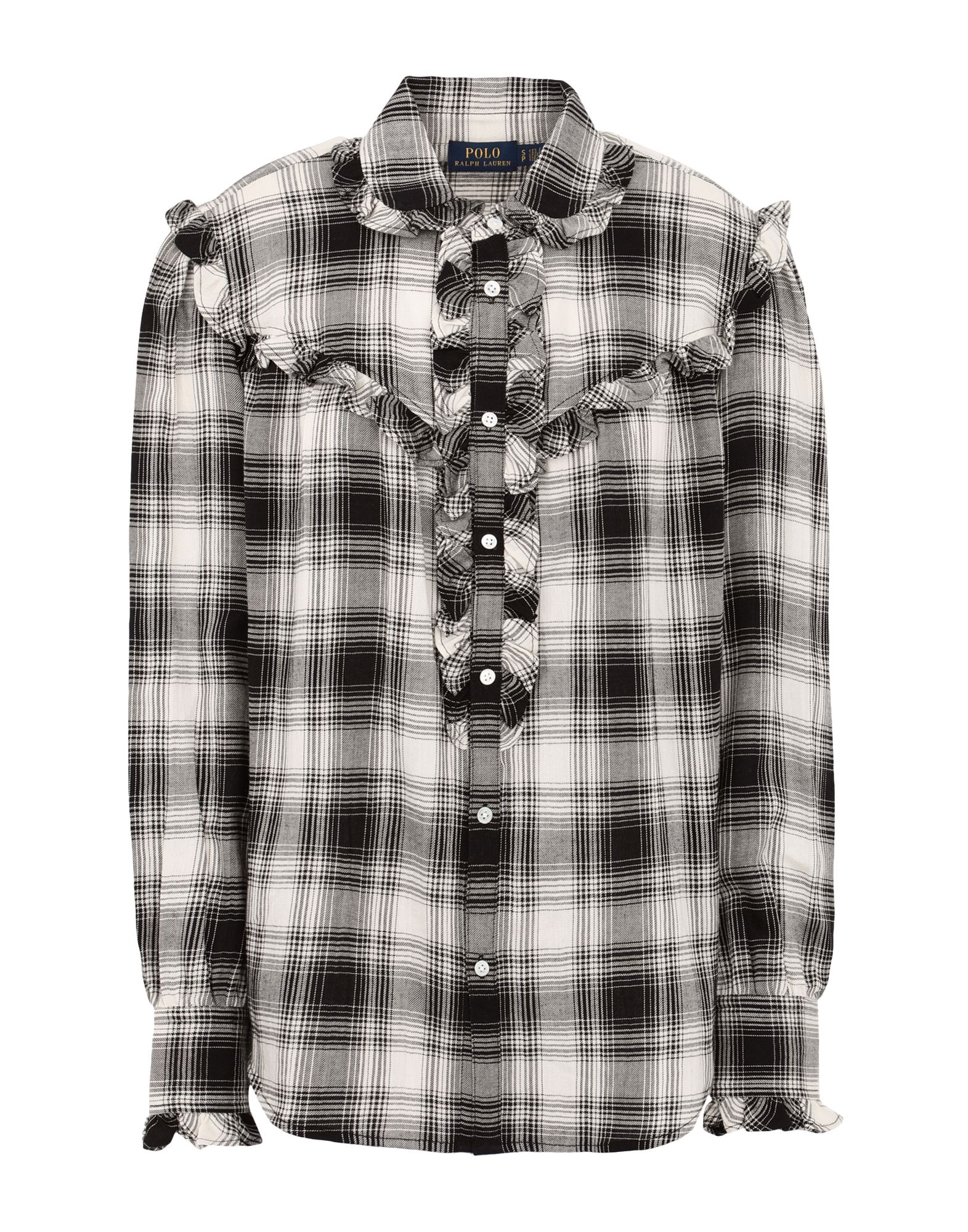 《セール開催中》POLO RALPH LAUREN レディース シャツ ブラック L コットン 52% / レーヨン 42% / ウール 6% RUFFLE-TRIM PLAID SHIRT