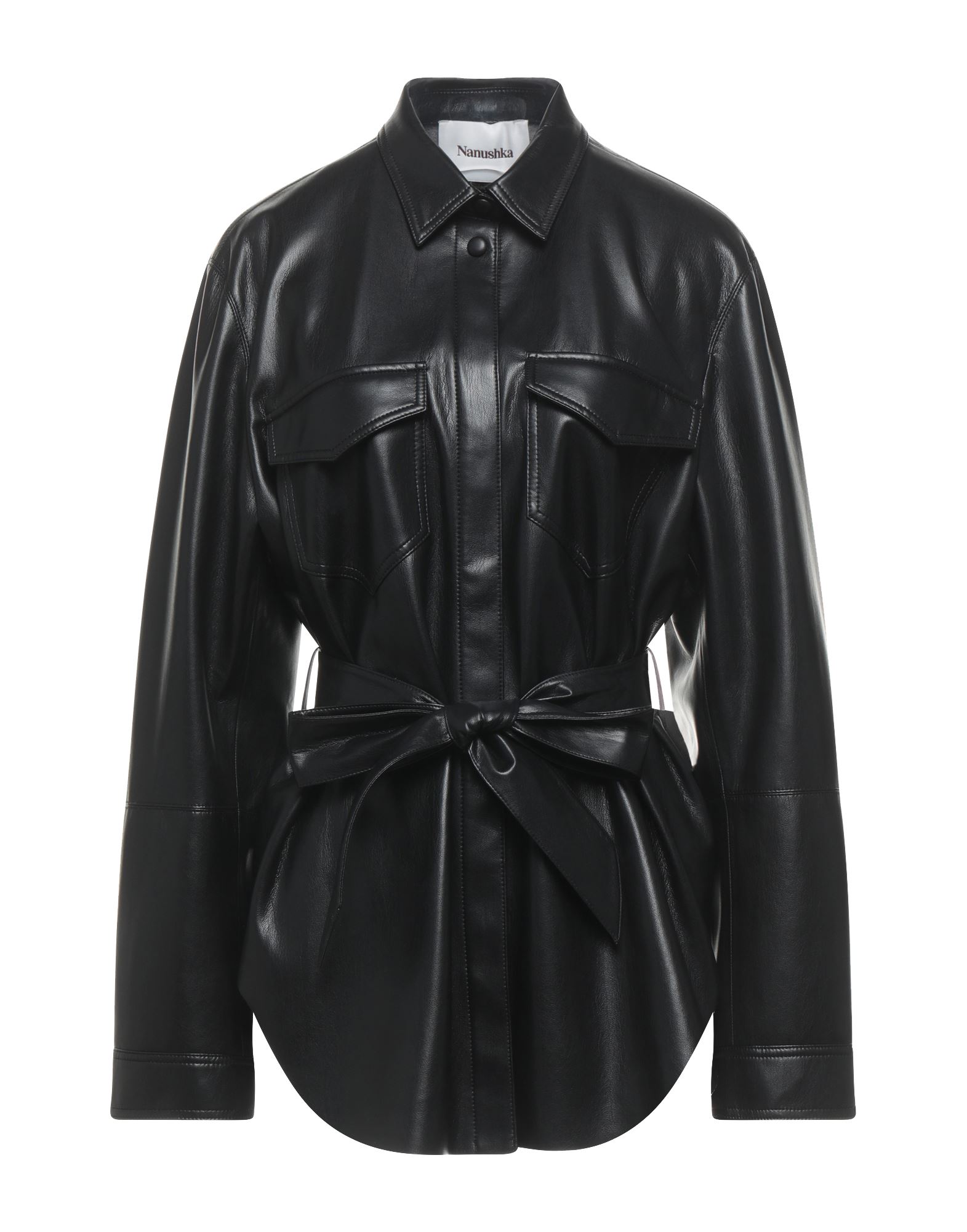 Nanushka Vegan-leather Belted Oversize Shirt In Black