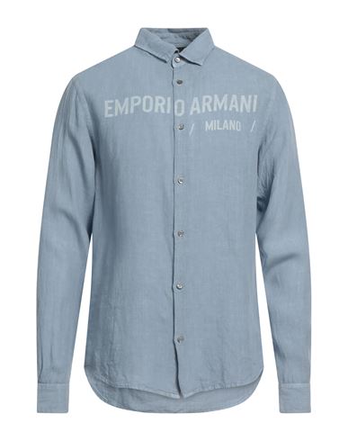 Shop Emporio Armani Man Shirt Pastel Blue Size L Linen