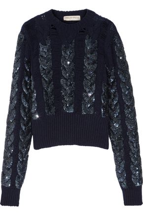 EMILIO PUCCI Distressed sequin-embellished cable-knit wool sweater