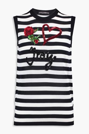 DOLCE & GABBANA EMBELLISHED STRIPED CASHMERE AND SILK-BLEND SWEATER