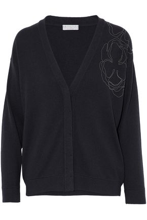 BRUNELLO CUCINELLI BRUNELLO CUCINELLI WOMAN BEAD-EMBELLISHED CASHMERE CARDIGAN NAVY,3074457345618501923