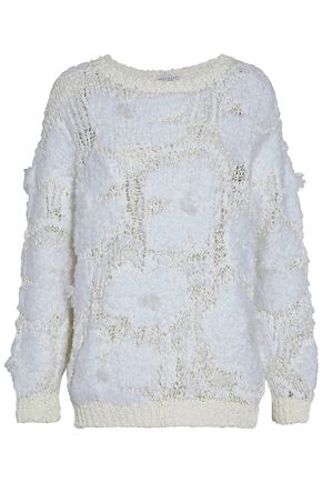 BRUNELLO CUCINELLI WOMAN FRAYED COATED OPEN-KNIT SWEATER WHITE,US 7789028784125610