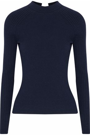 AUTUMN CASHMERE WOMAN TIE-BACK RIBBED MERINO WOOL-BLEND SWEATER MIDNIGHT BLUE,GB 1874378722780656