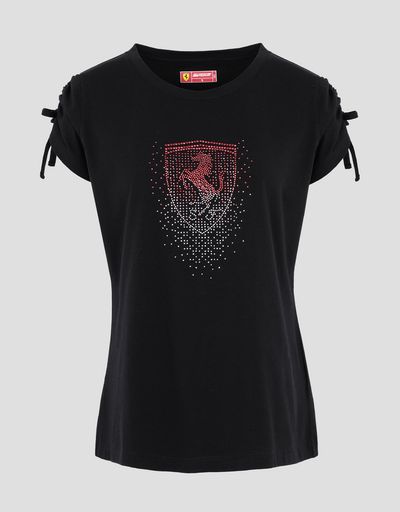 Scuderia Ferrari Online Store - Women's jersey T-shirt with Ferrari Shield in rhinestone - Short Sleeve T-Shirts