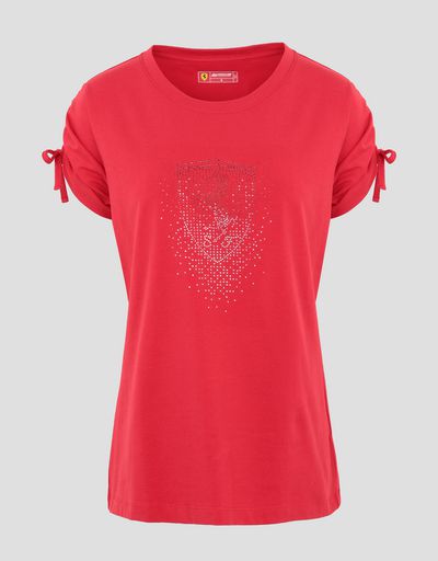 Scuderia Ferrari Online Store - Women’s jersey T-shirt with rhinestone Ferrari Shield - Short Sleeve T-Shirts