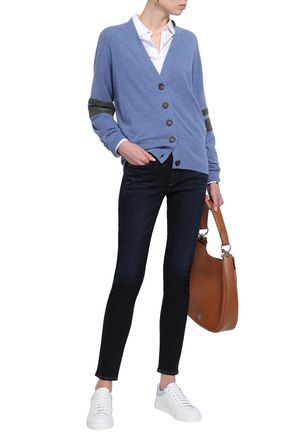 Click to view more detailed imagery on our partner's website Brunello Cucinelli Woman Bead-Embellished Striped Cashmere Cardigan Light Blue