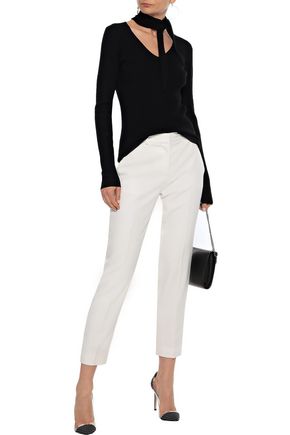 Click to view more detailed imagery on our partner's website Elie Tahari Woman Adelise Tie-Neck Ribbed Merino Wool-Blend Top Black