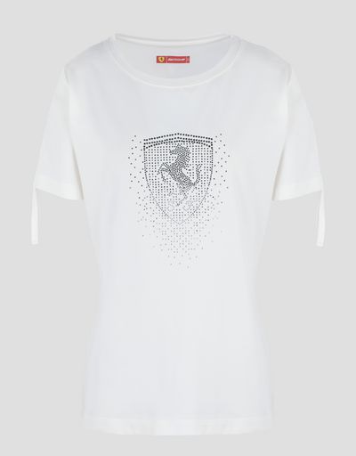 Scuderia Ferrari Online Store - Women’s jersey T-shirt with rhinestone Ferrari Shield - Short Sleeve T-Shirts