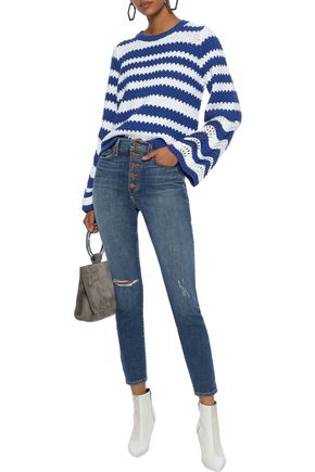 Alice And Olivia Striped Crochet-knit Sweater In Cobalt Blue
