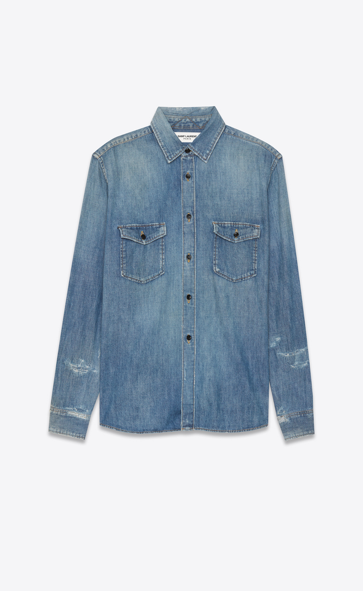 ‎Saint Laurent ‎Western Distressed Shirt In Light Blue 70's Trash Denim ...