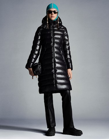 moncler moka shiny fitted puffer coat with hood