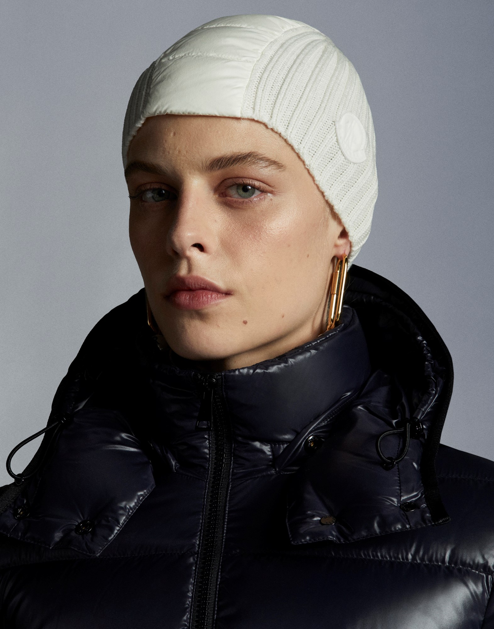 moncler moka shiny fitted puffer coat with hood