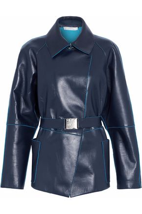 VERSACE VERSACE COLLECTION WOMAN BELTED LEATHER JACKET MIDNIGHT BLUE,3074457345618330006