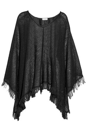 BRUNELLO CUCINELLI WOMAN FRINGE-TRIMMED SEQUINED LINEN AND SILK-BLEND PONCHO CHARCOAL,AU 7789028784123645