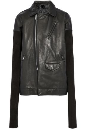 RICK OWENS Ribbed knit-paneled leather biker jacket,US 7789028785062032