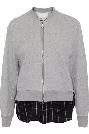 3.1 PHILLIP LIM / フィリップ リム WOMAN LAYERED COTTON-JERSEY AND CHECKED FLANNEL SWEATSHIRT LIGHT GRAY,US 1188406768813204