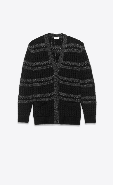 SAINT LAURENT Knitwear Tops Woman Striped cardigan in a black and silver cable knit a_V4