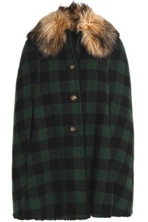 RED VALENTINO WOMAN FAUX FUR-TRIMMED CHECKED WOOL CAPE DARK GREEN,GB 3616377385184361