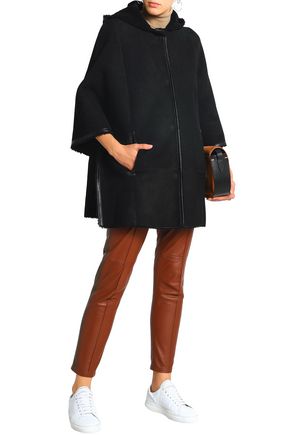 Yves Salomon Woman Leather-trimmed Shearling Hooded Poncho Black