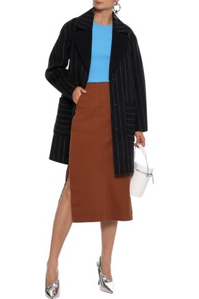 Click to view more detailed imagery on our partner's website Diane Von Furstenberg Woman Pinstriped Wool-Blend Felt Coat Midnight Blue