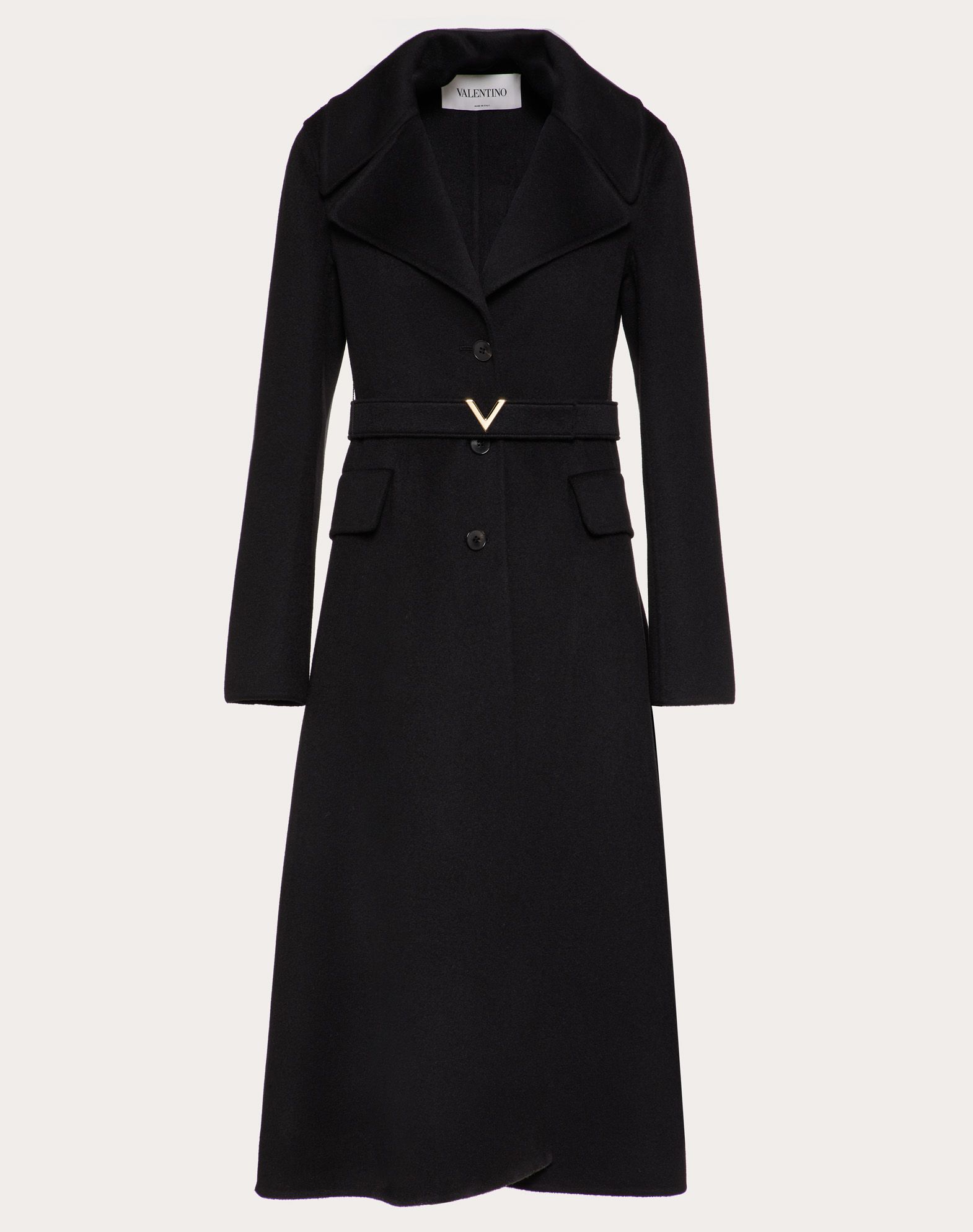 DOUBLE KASHMIR COAT WITH GOLD V BELT for Woman | Valentino Online Boutique
