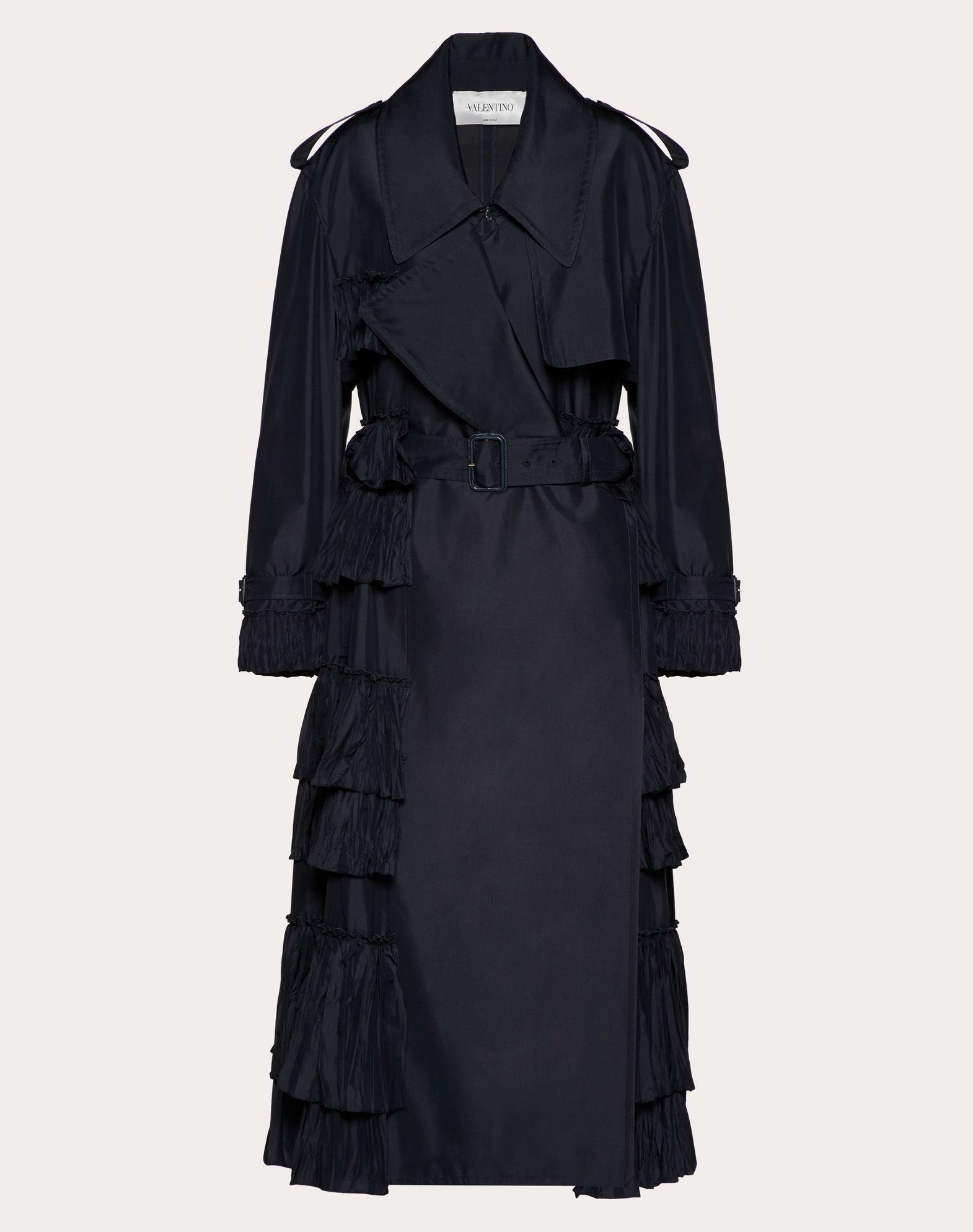Click to view more detailed imagery on our partner's website Valentino Nylon Trench Coat With Ruffles In Navy