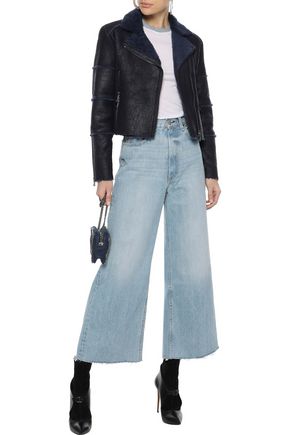Click to view more detailed imagery on our partner's website J Brand Woman Aiah Cropped Washed-Shearling Biker Jacket Midnight Blue