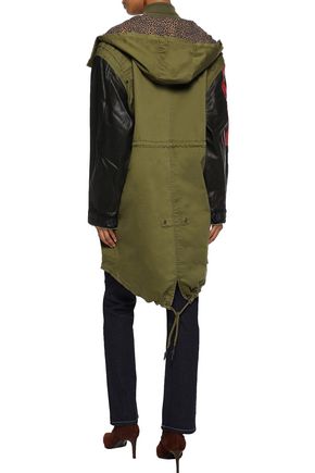 Current Elliott The Harper Leather And Checked Jacquard-paneled Cotton-blend Twill Hooded Parka In Army Green