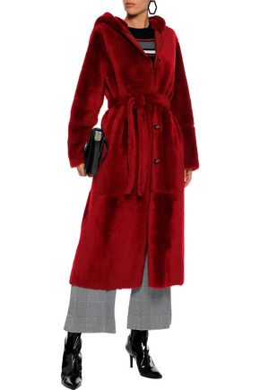 Yves Salomon Woman Reversible Belted Shearling Hooded Coat Crimson