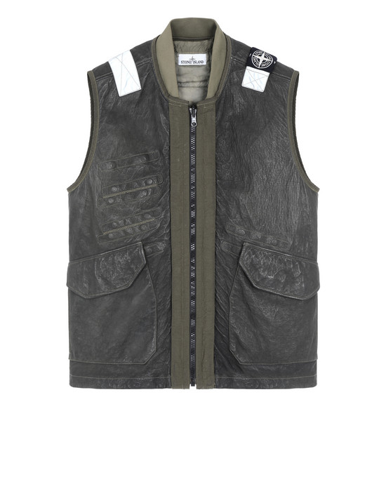 Sold out - STONE ISLAND 00195 GARMENT DYED LEATHER/DYNEEMA® REVERSIBLE DETACHABLE LINING LEATHER VEST Man Olive Green