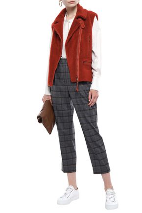 Brunello Cucinelli Woman Leather-trimmed Bead-embellished Shearling Waistcoat Brick