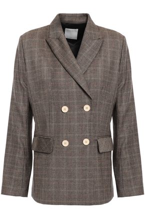 SANDRO Double-breasted Prince of Wales checked wool-blend blazer