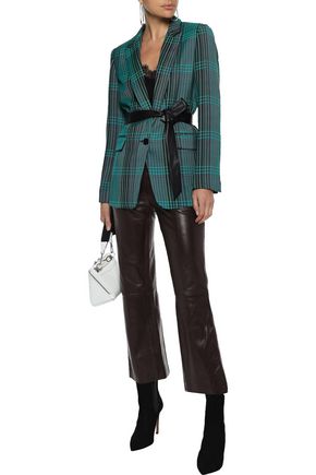 Sandro Leather-trimmed Checked Woven Blazer In Jade