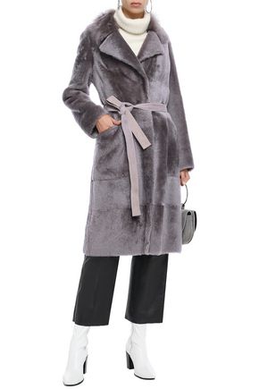 Yves Salomon Woman Belted Shearling Trench Coat Grey