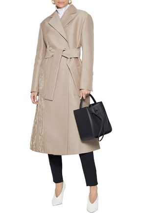 PROENZA SCHOULER DOUBLE-BREASTED FRINGED CHENILLE-TRIMMED TWILL COAT,3074457345621409404